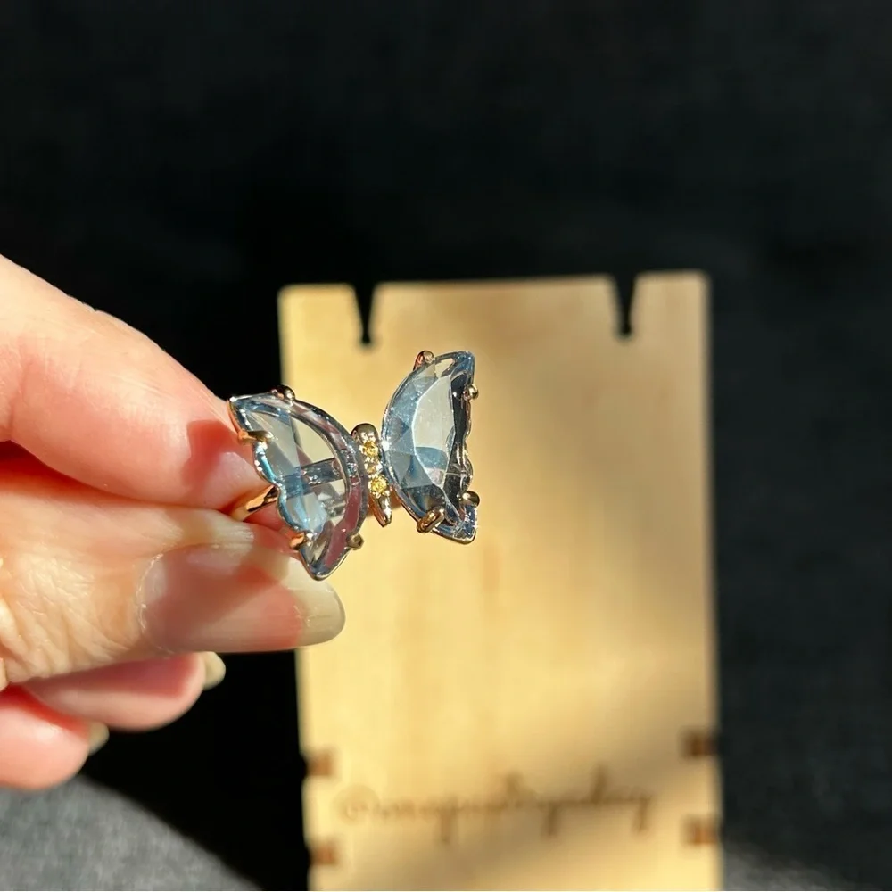 Pretty BLUE Butterfly Gemstone Fashion Ring, Gold, Adjustable